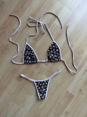 Brown & Pink Bow Skull Print Bikini Top & Bottom Set